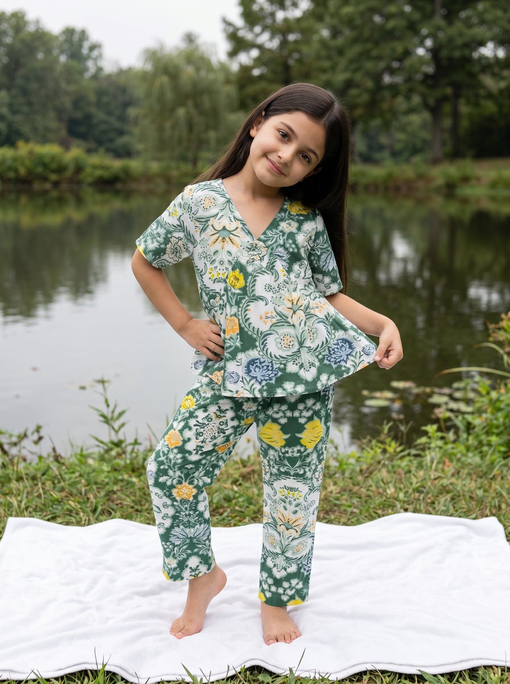 Green V-Neck Floral Print Pure Cotton Night Suit For Kids