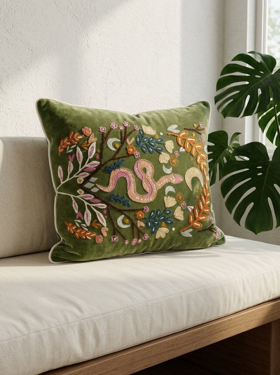 Olive Velvet Square Nature-Inspired Embroidered Cushion Cover