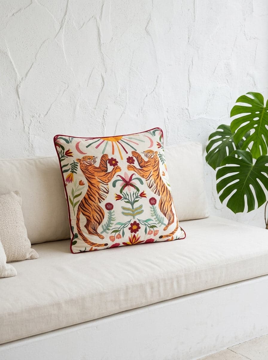 Multi Velvet Square Tiger & Floral Embroidered Cushion Cover