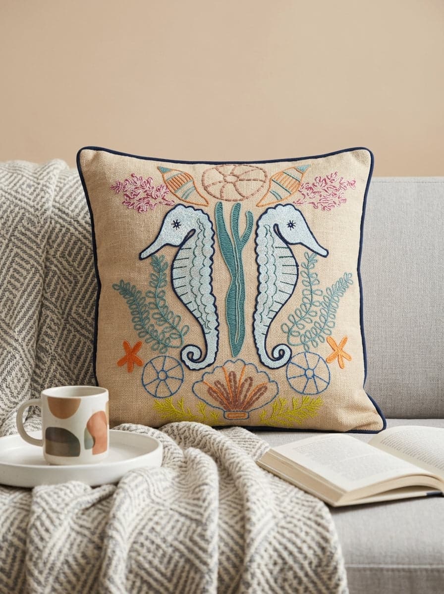 Beige Cotton Square Embroidered Cushion Cover With Seahorse Motif