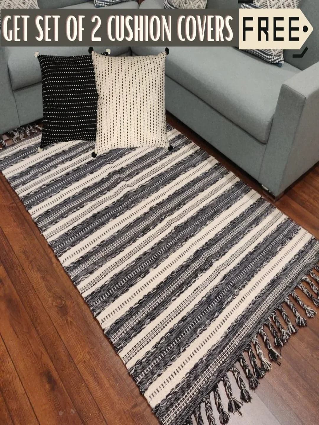Black Stipes Print Hand-Woven Cotton Rug With Set Of 2 Cushion Covers
