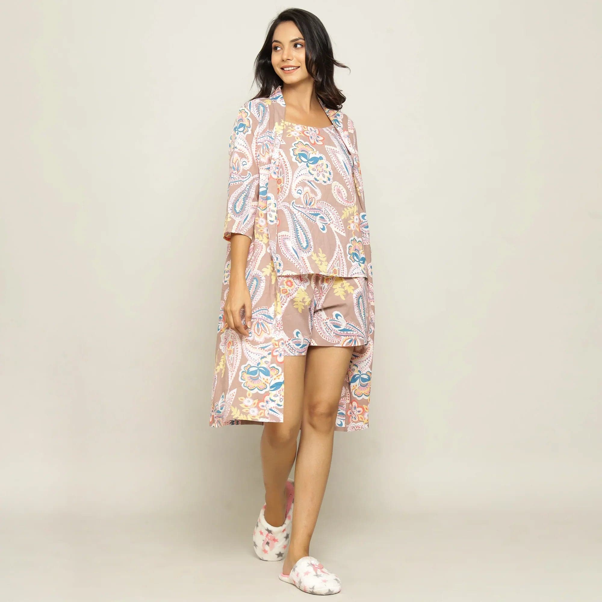 Paisley Printed Cotton 3 Peice Night Suit Shorts Set