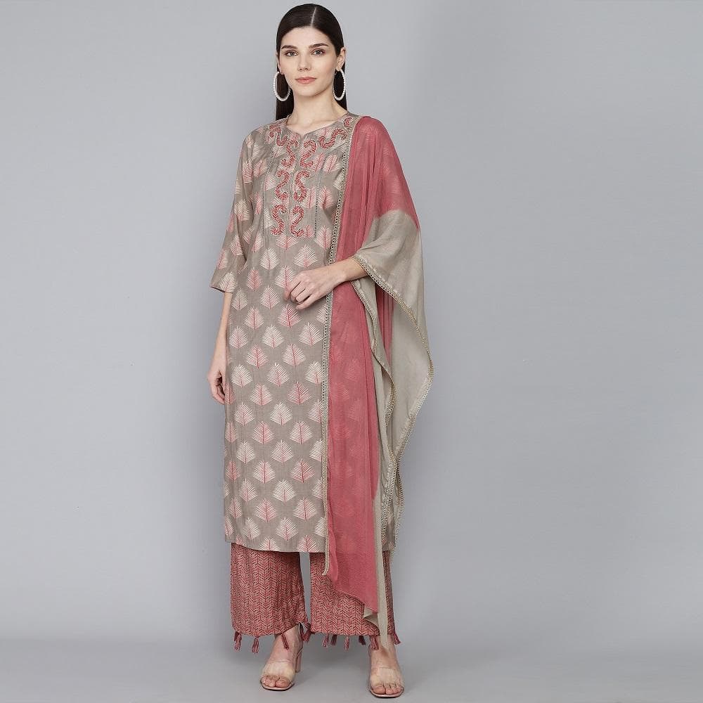 Grey Muslin Women's Kurta Pajama Dupatta Set