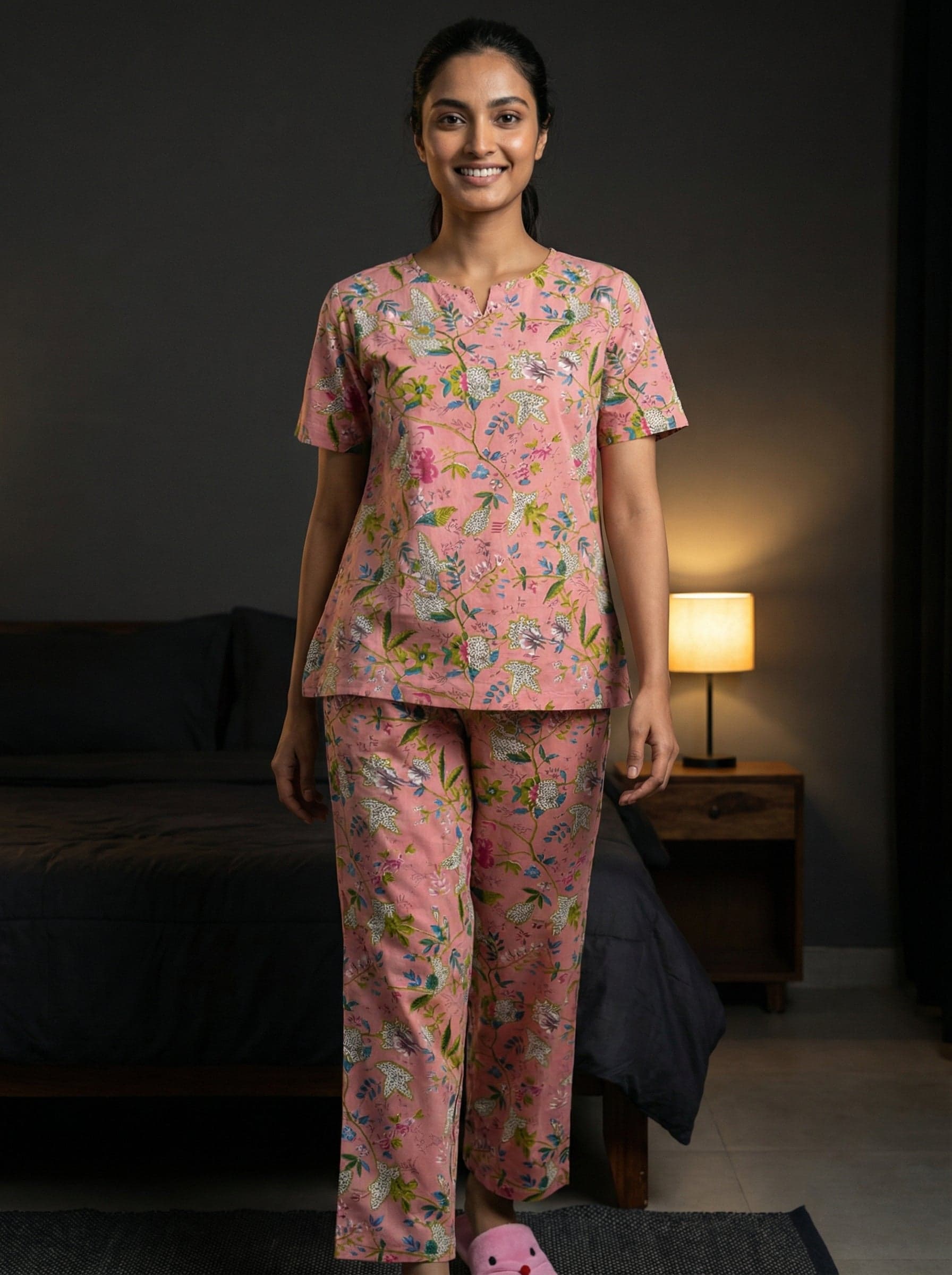 Pink Cotton Printed Night Suit Set With Payjama For Women