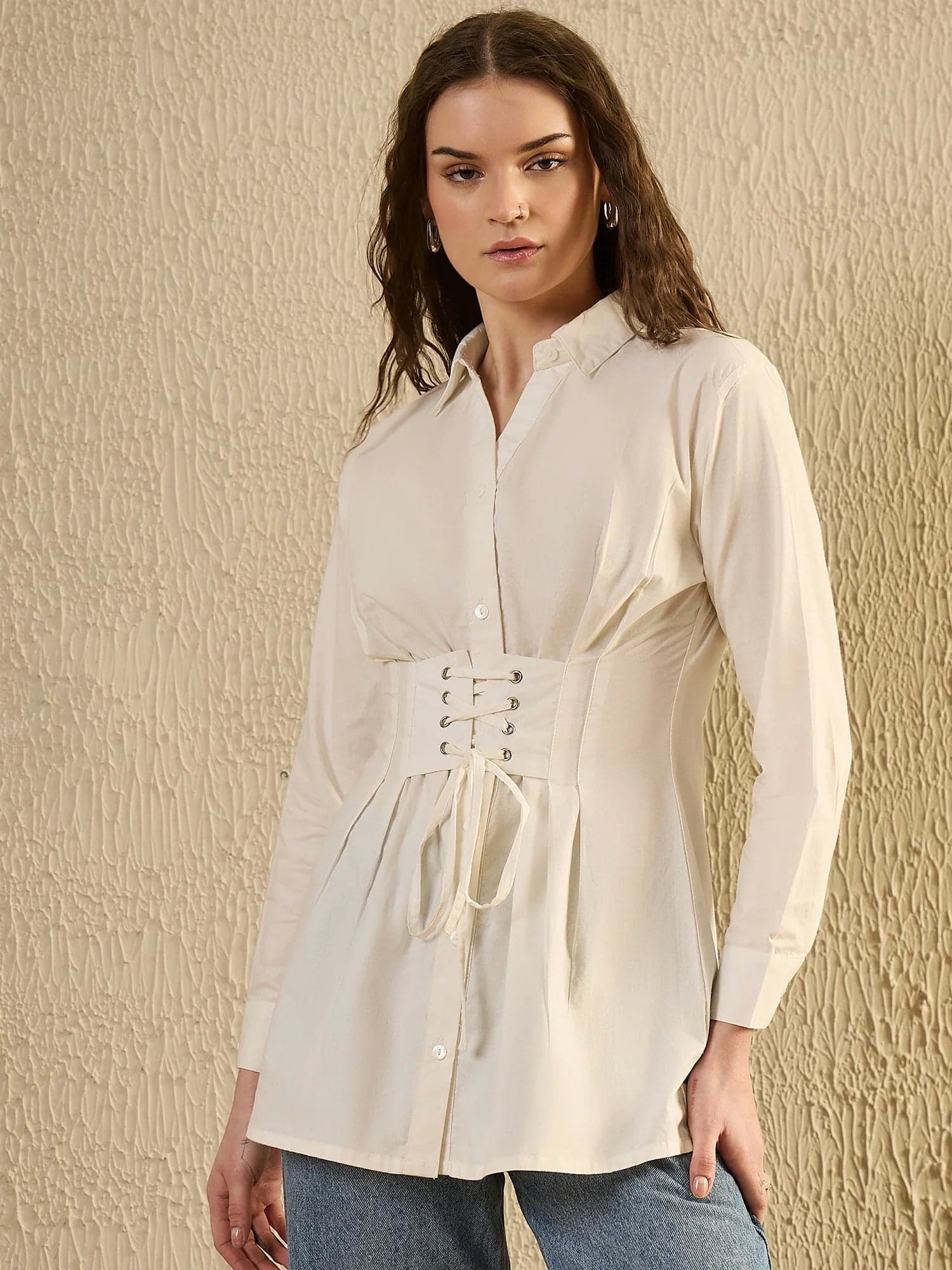 White Solid Print Cotton Shirt For Women