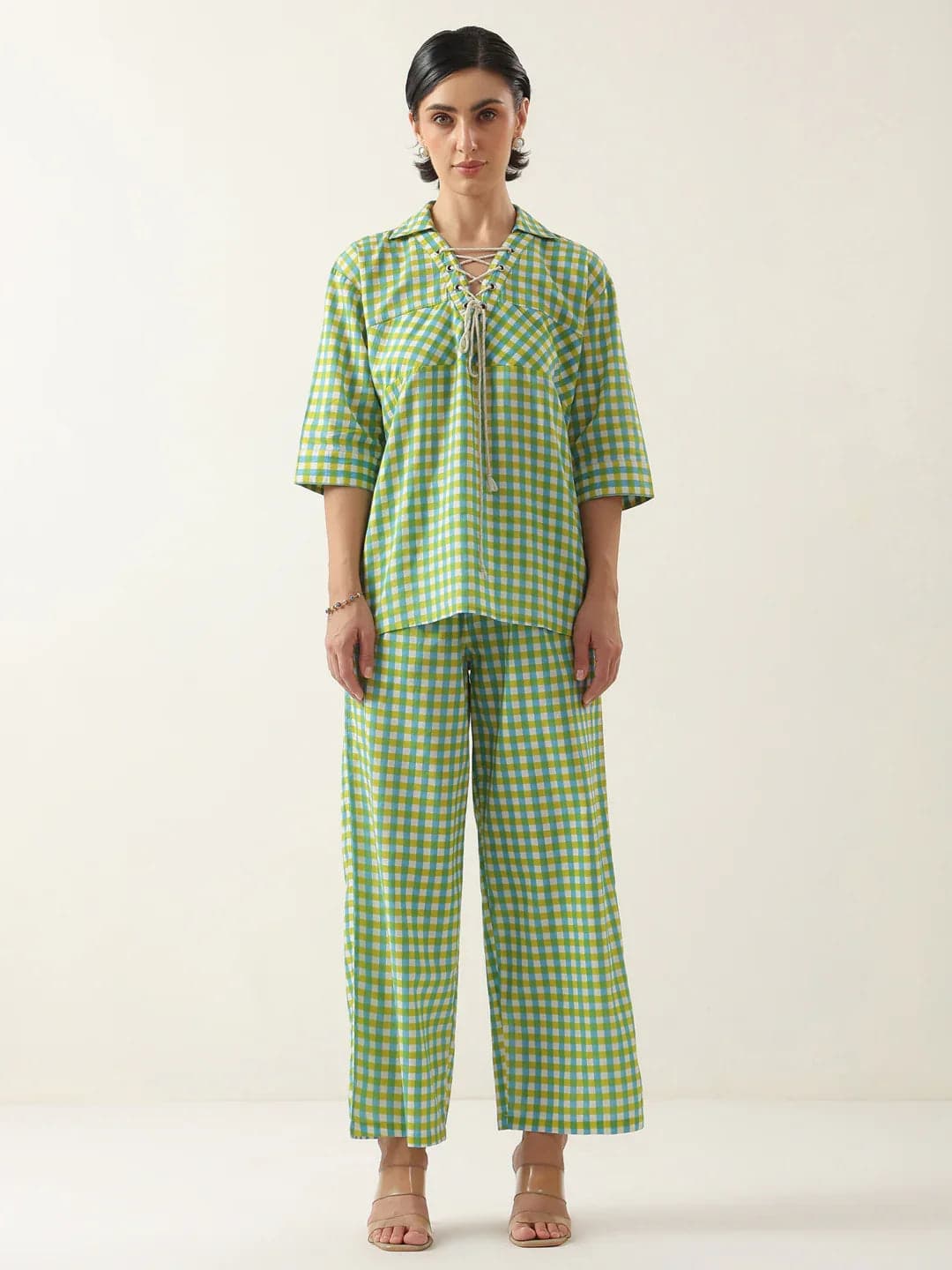 Green Color Check Printed Cotton Co-Ords Set For Women