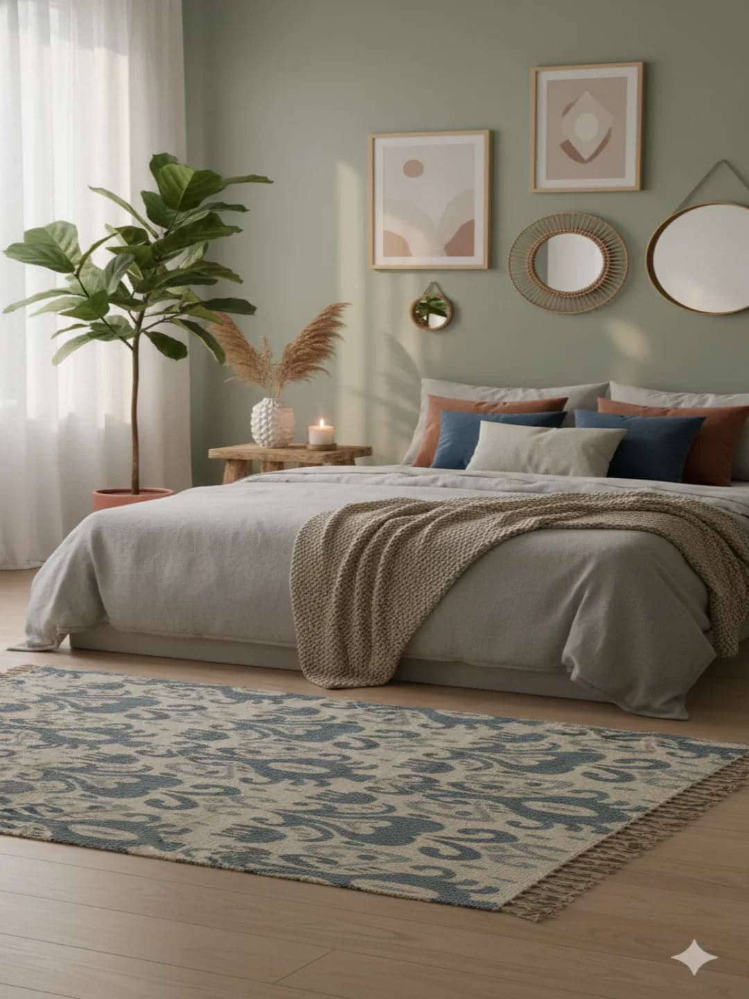 Off White & Slate Blue Geometric Cotton Woven Area With Fringed Edges Rug