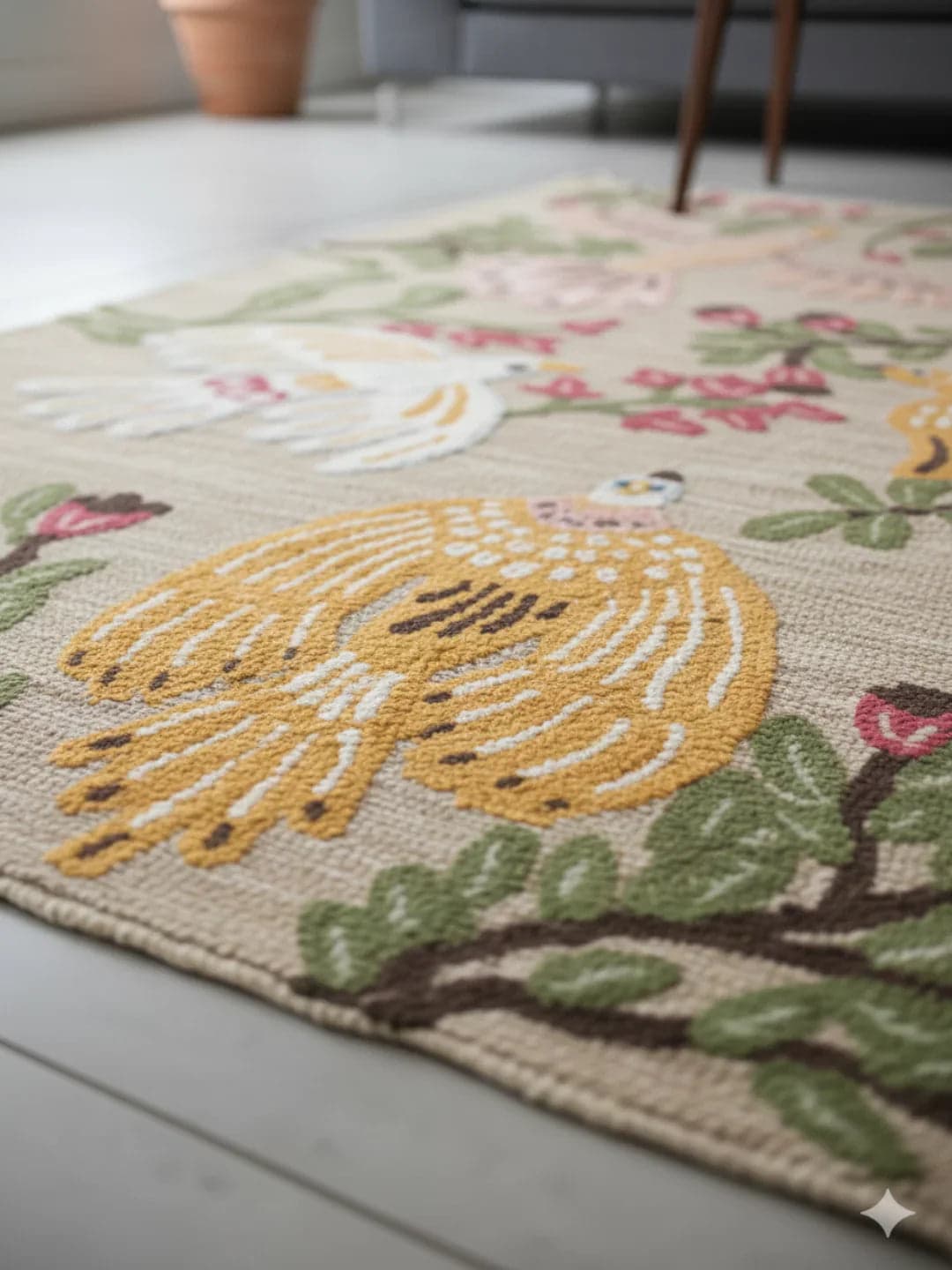 Multi Color Floral Print Woven Cotton Jute Tufted Rug