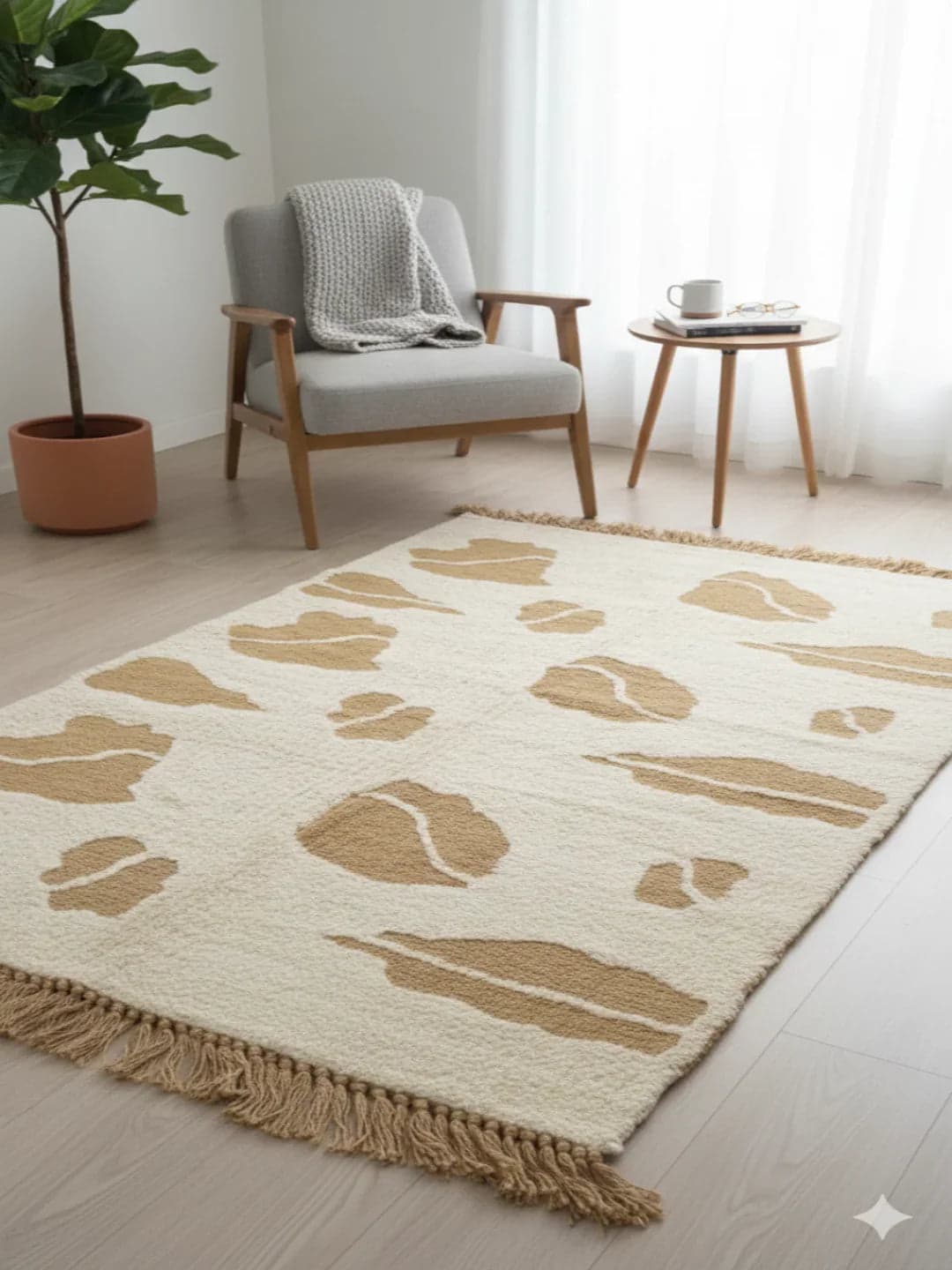Beige Abstract Motif Woven Cotton Jute Rug With Fringed Edges