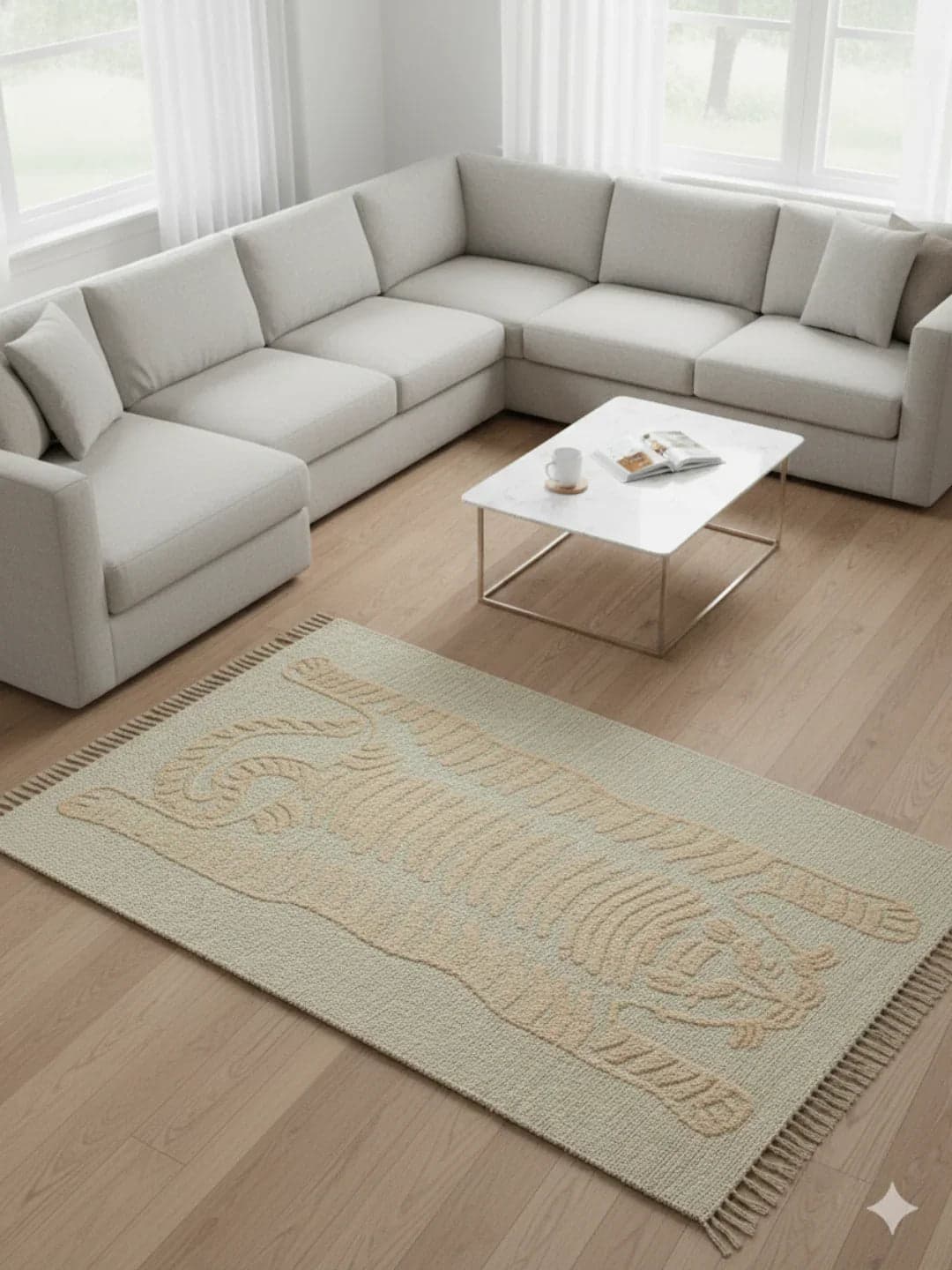 Beige Tiger Motif Tufted Cotton Jute Rug With Fringed Edges