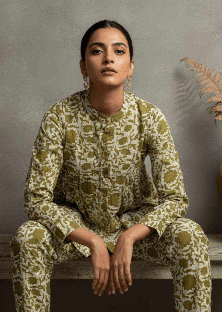 Olive Green Printed Mandarin Collar Co-Ord Set For Women