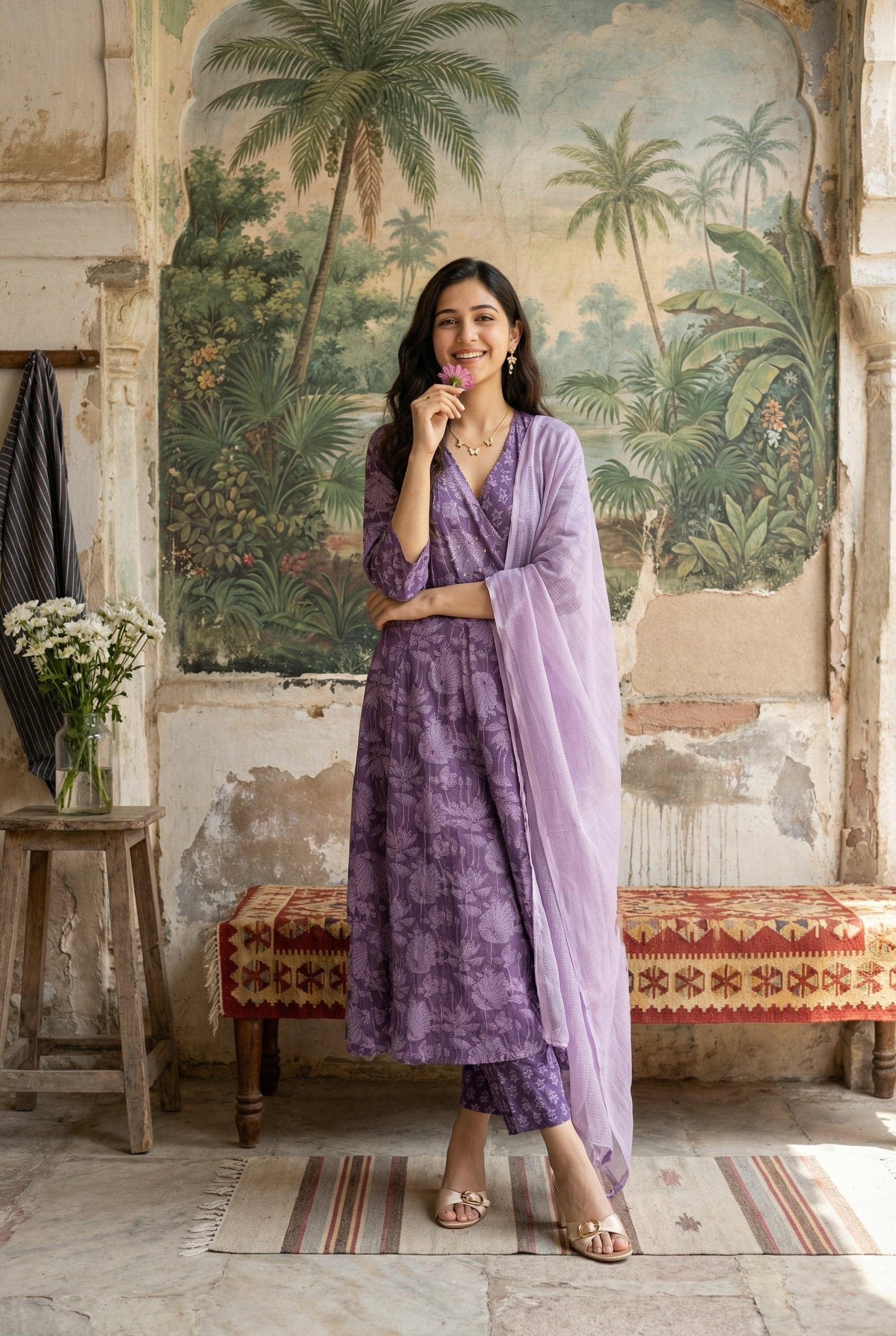 Purple Floral Print V-Neck Pure Cotton Kurta Set With Dupatta For Women