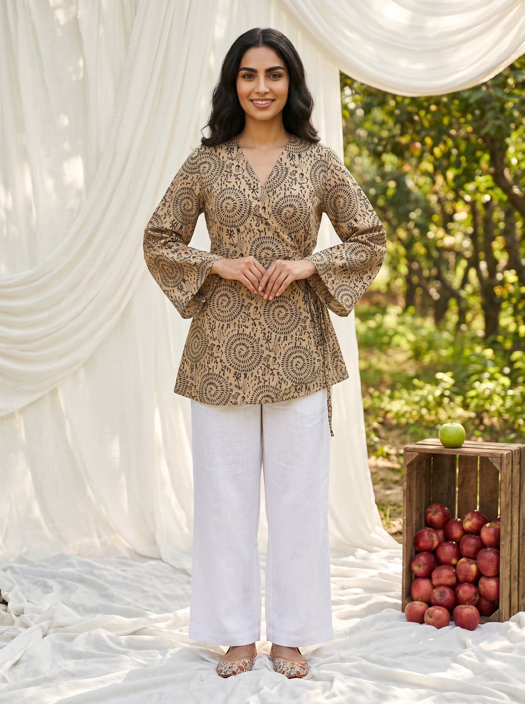 Beige Geometric Print V-Neck Cotton Top For Women